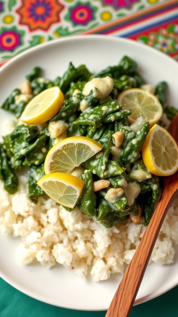 A plate of Kale Kapde Kali Car with kale in coconut sauce over rice, garnished with lemon slices.